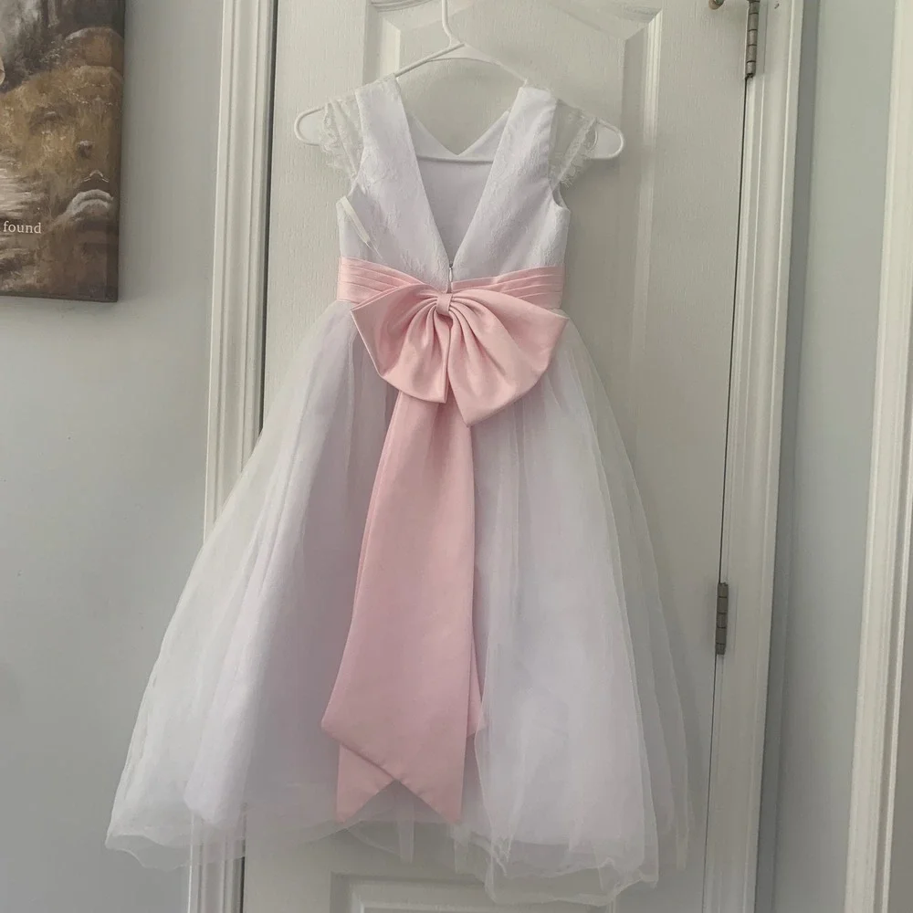 White Lace Tulle Flower Girl Dress Pink Satin Bow Sash Formal Wedding 22935